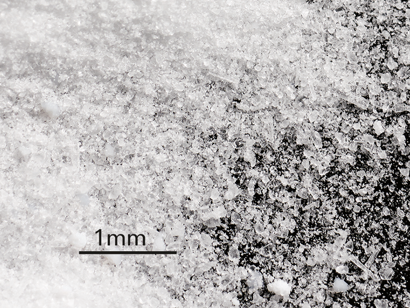 Image magnification of 1 mm showing the shape of sodium bicarbonate particles